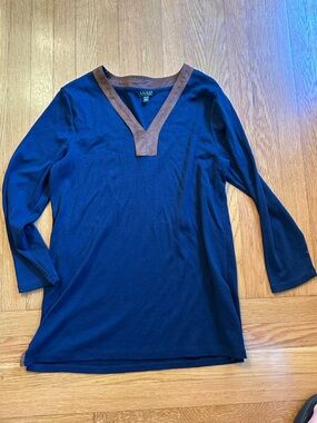 Lauren Ralph Lauren Navy Blue Long Sleeve V-Neck Tunic with Brown Trim preppy